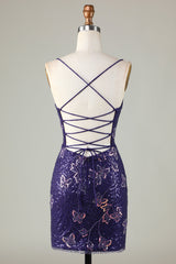 Misshow Sparkly Purple Butterflies Beaded Sequins Tight Short Homecoming Dress/Mini Dress