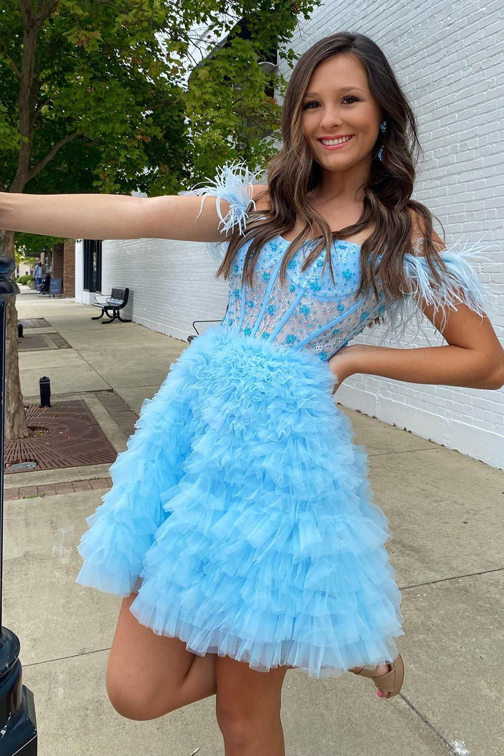 Misshow Sparkly Purple Corset A-Line Short Homecoming Dress/Mini Dress with Feathers