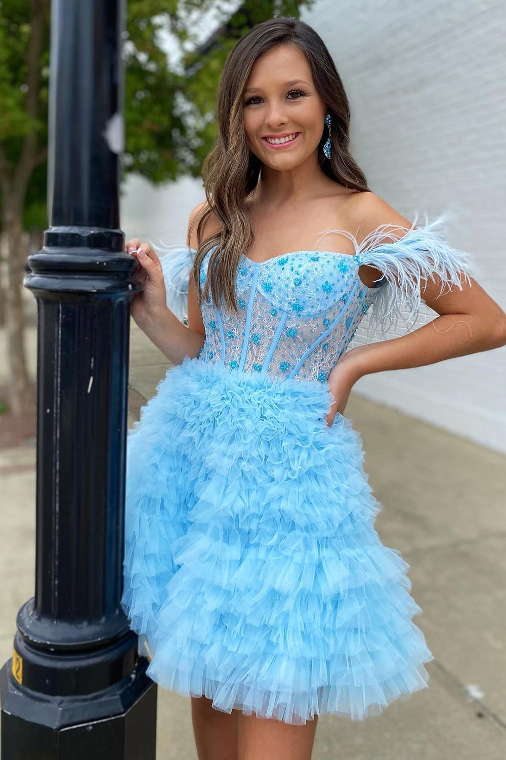 Misshow Sparkly Purple Corset A-Line Short Homecoming Dress/Mini Dress with Feathers