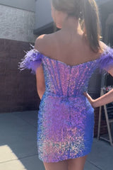Misshow Sparkly Purple Corset Tight Sequins Short Homecoming Dress/Mini Dress with Feathers