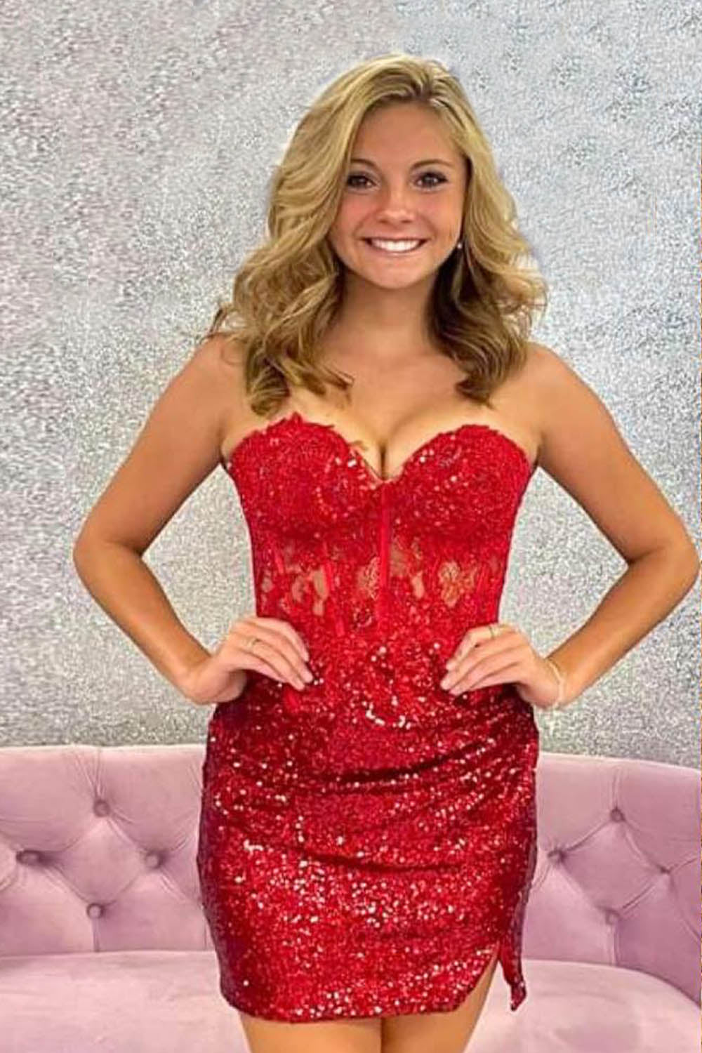 Misshow Sparkly Purple Corset Tight Sequins Short Homecoming Dress/Mini Dress with Lace