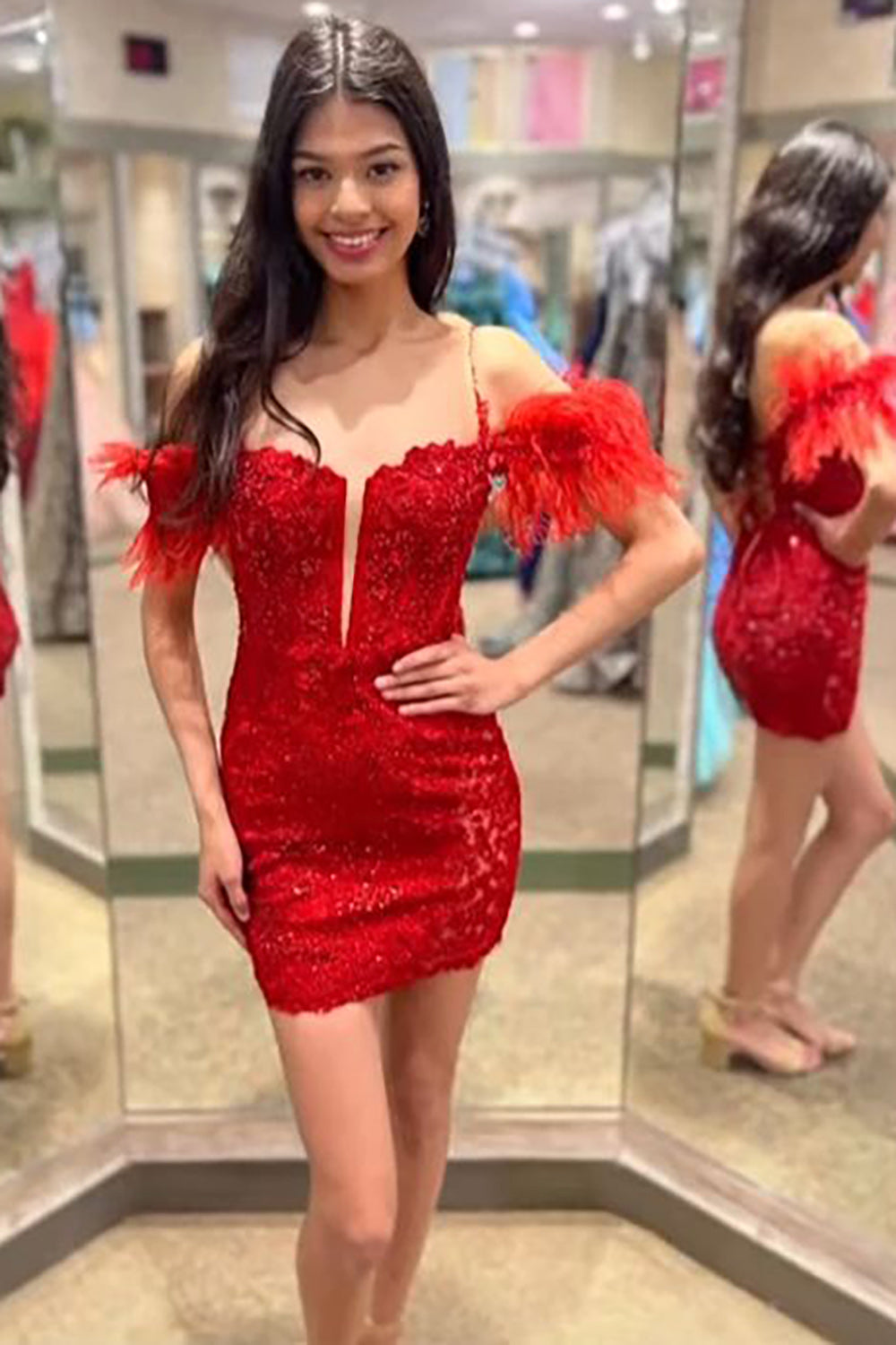 Misshow Sparkly Purple Lace Tight Short Homecoming Dress/Mini Dress with Feathers