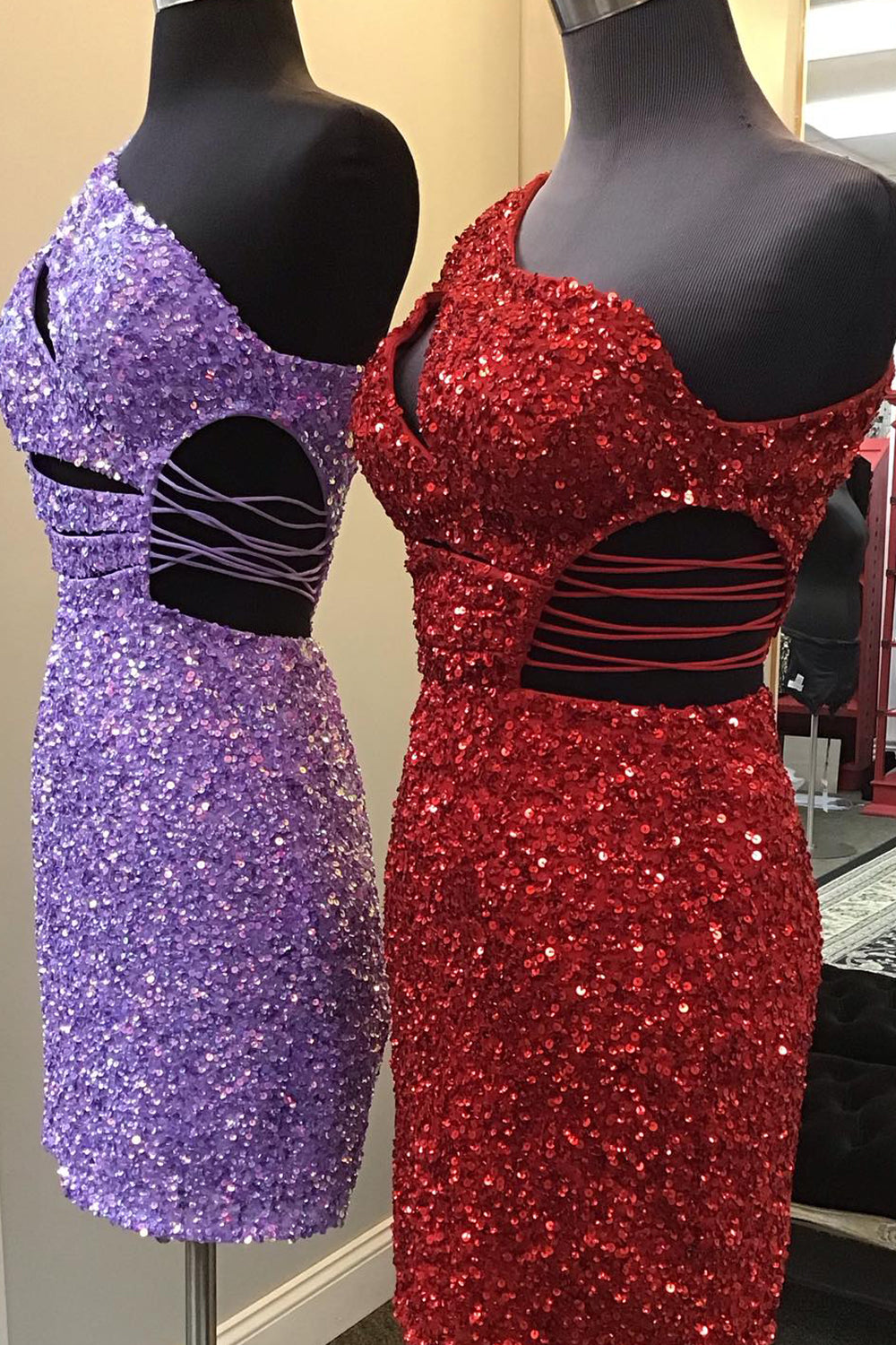Misshow Sparkly Purple One Shoulder Cut Out Sequins Tight Short Homecoming Dress/Mini Dress