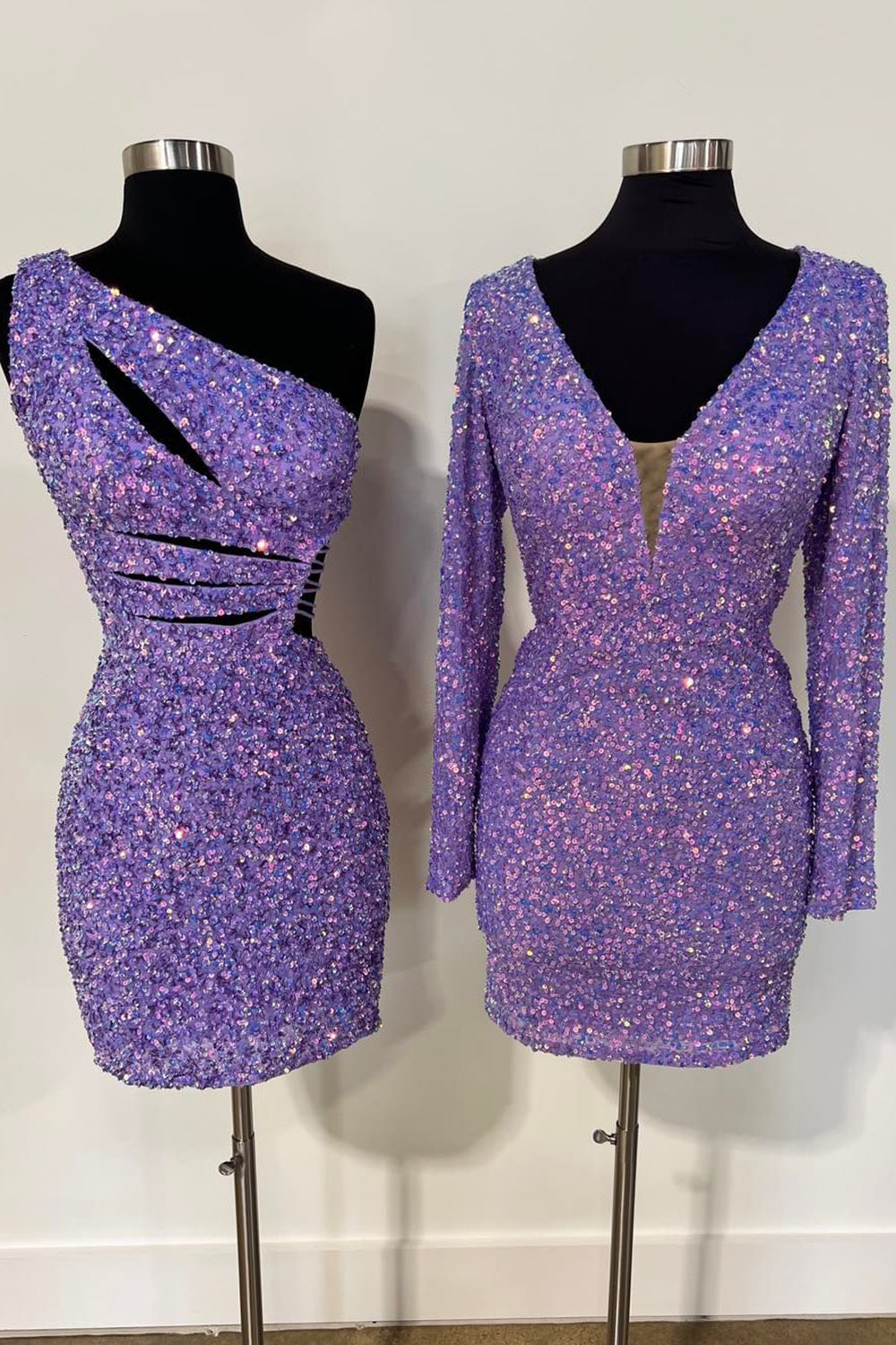 Misshow Sparkly Purple One Shoulder Cut Out Sequins Tight Short Homecoming Dress/Mini Dress