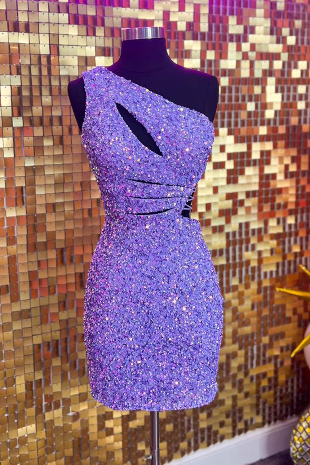 Misshow Sparkly Purple One Shoulder Cut Out Sequins Tight Short Homecoming Dress/Mini Dress