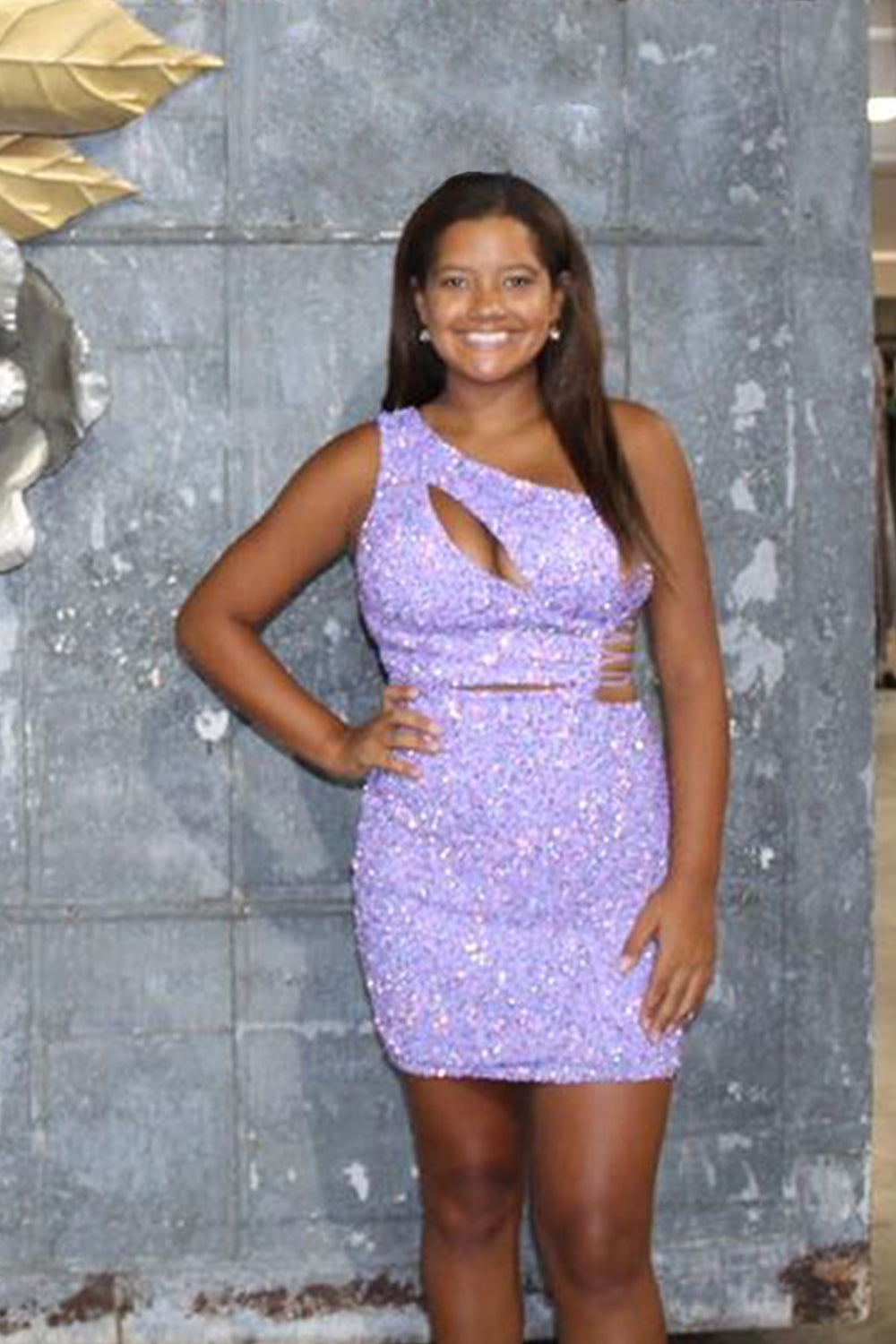Misshow Sparkly Purple One Shoulder Cut Out Sequins Tight Short Homecoming Dress/Mini Dress