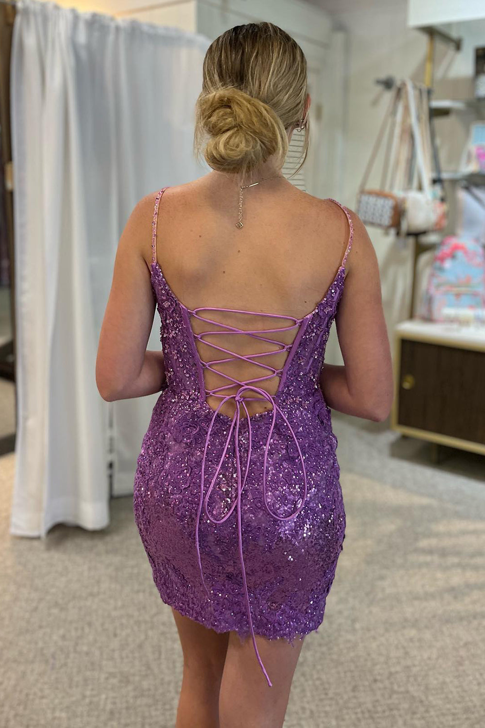 Misshow Sparkly Purple Sequin Lace-Up Tight Short Homecoming Dress/Mini Dress