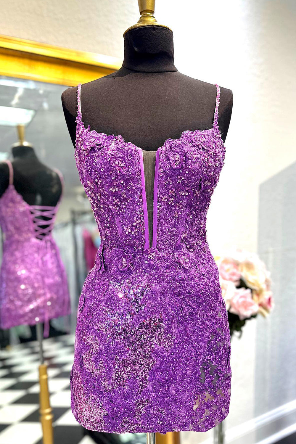 Misshow Sparkly Purple Sequin Lace-Up Tight Short Homecoming Dress/Mini Dress