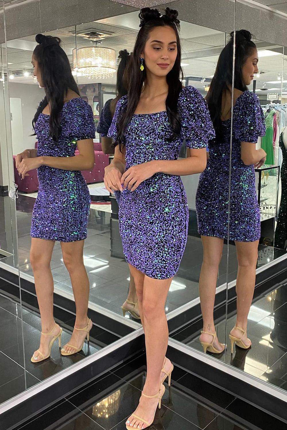 Misshow Sparkly Purple Sequins Short Sleeves Tight Homecoming Dress/Mini Dress