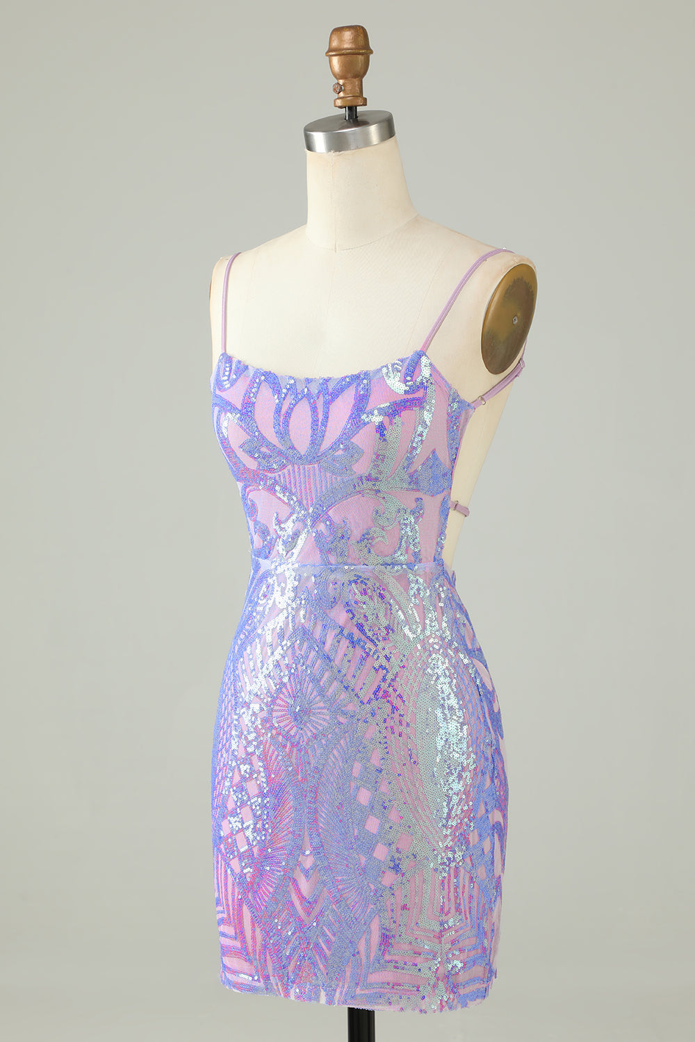 Misshow Sparkly Purple Spaghetti Straps Backless Short Tight Homecoming Dress/Mini Dress with Sequins