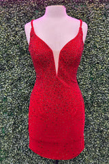 Misshow Sparkly Red Beaded Tight Short Homecoming Dress/Mini Dress