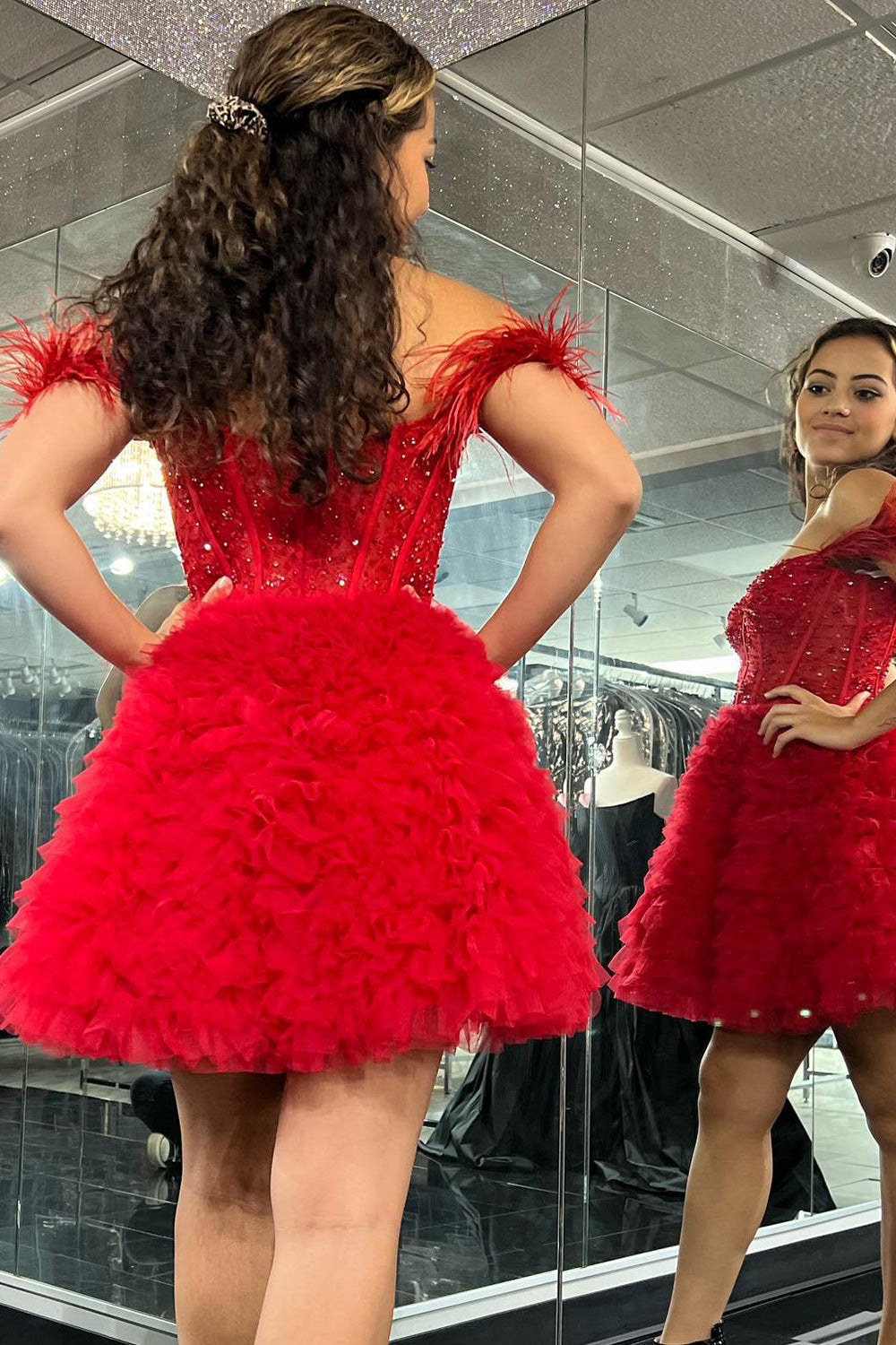 Misshow Sparkly Red Corset A-Line Short Homecoming Dress/Mini Dress with Ruffles
