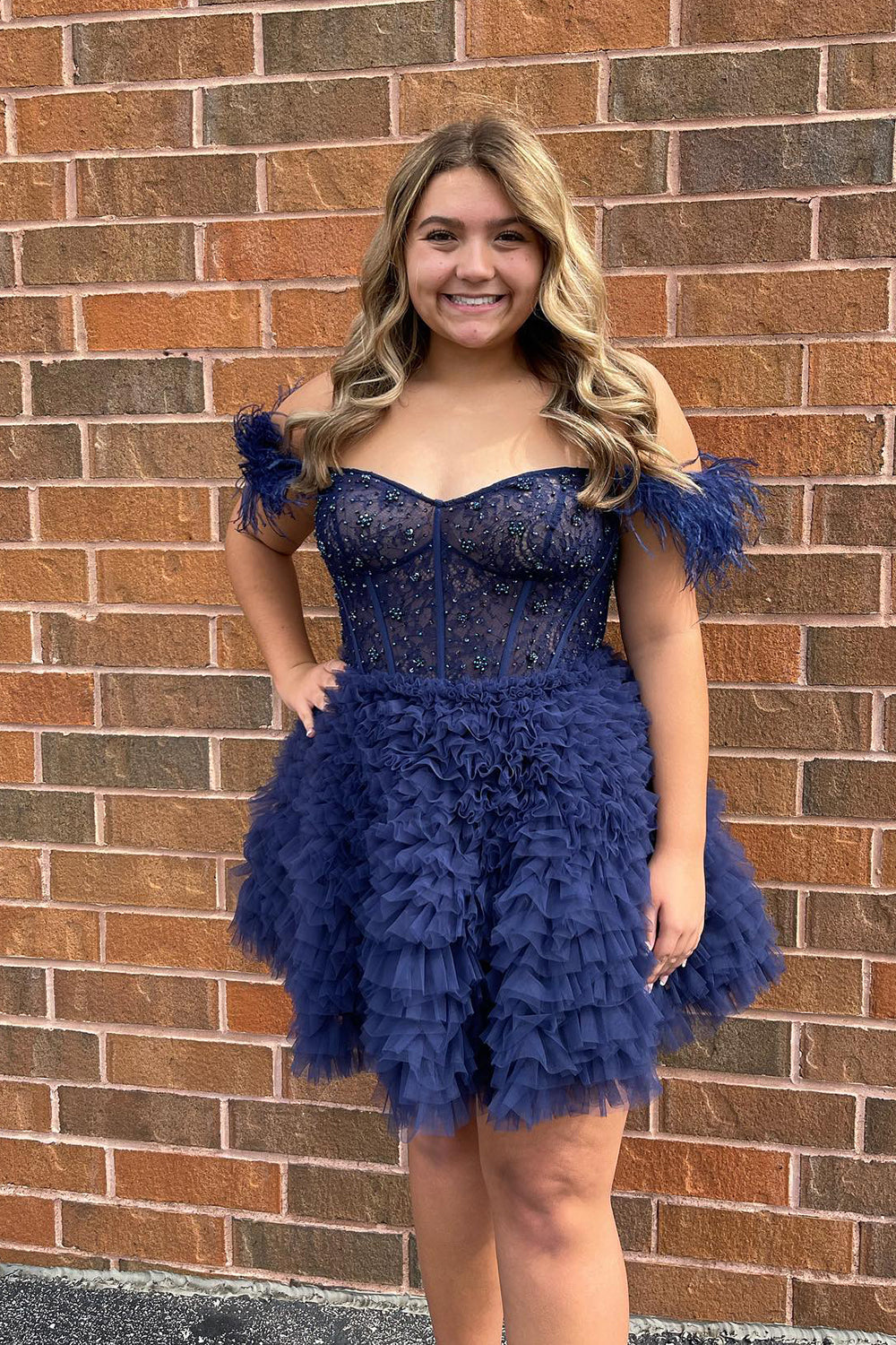 Misshow Sparkly Red Corset Off The Shoulder A Line Short Homecoming Dress/Mini Dress with Feathers