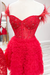 Misshow Sparkly Red Corset Off The Shoulder A Line Short Homecoming Dress/Mini Dress with Feathers