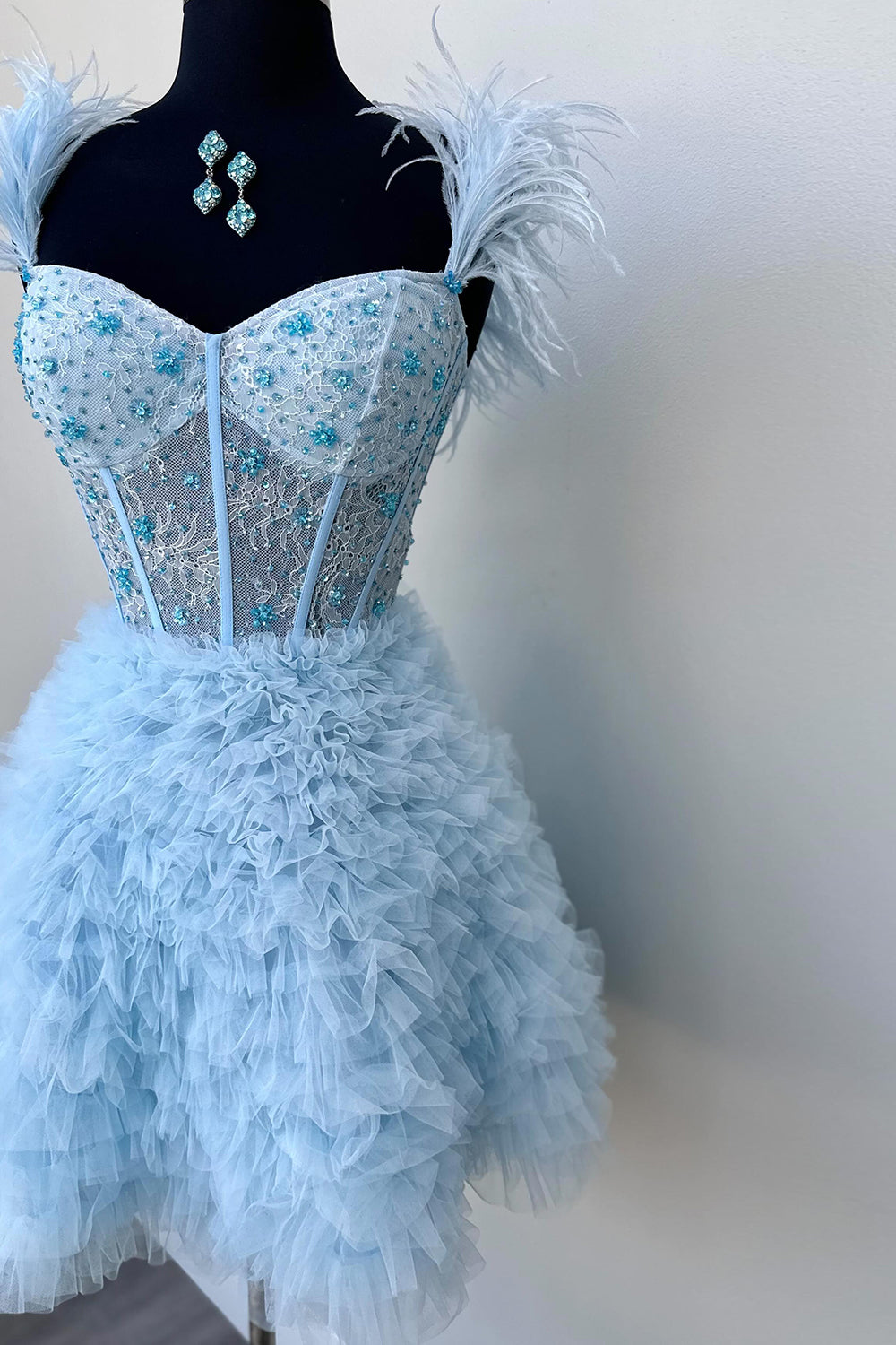 Misshow Sparkly Red Corset Off The Shoulder A Line Short Homecoming Dress/Mini Dress with Feathers