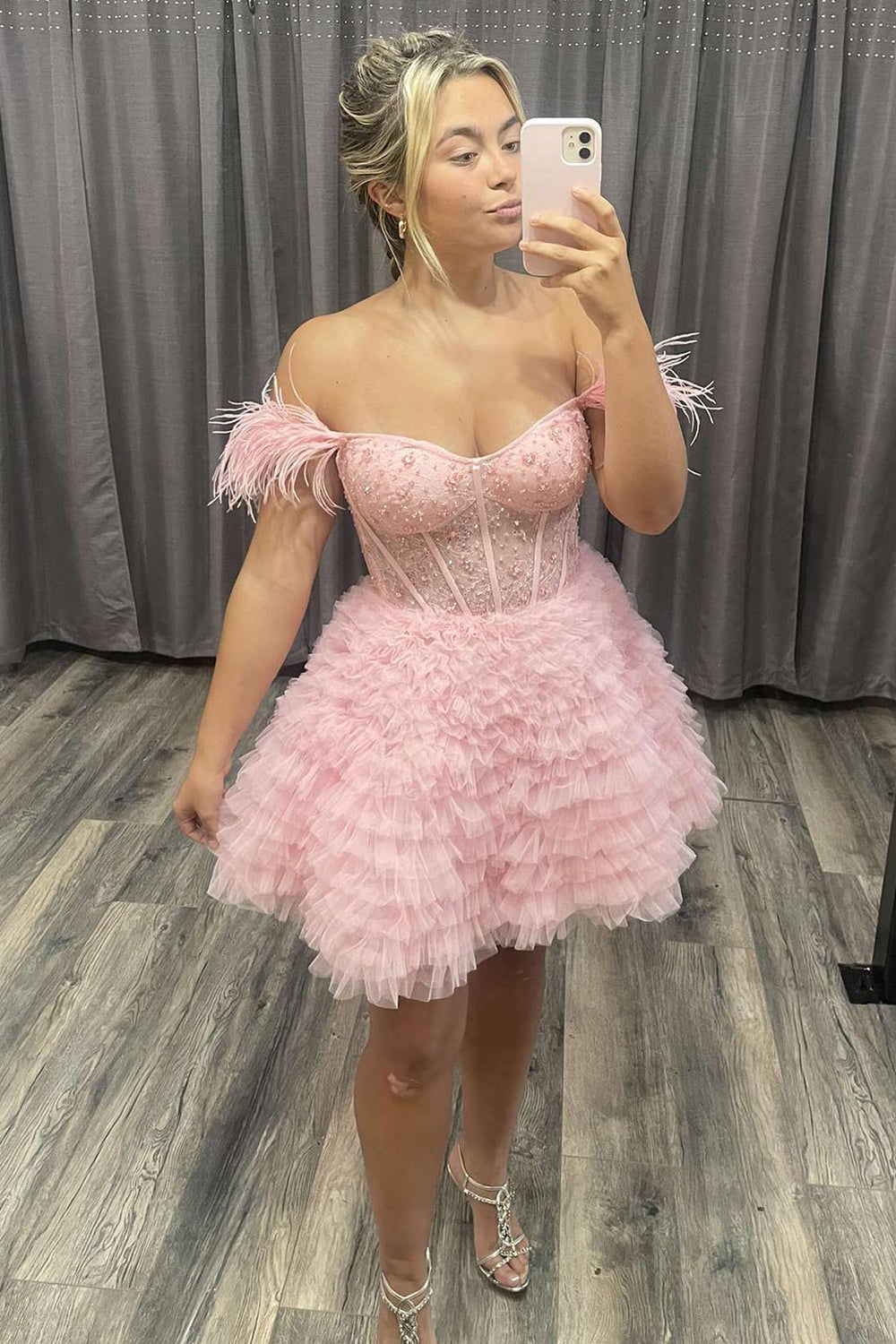 Misshow Sparkly Red Corset Off The Shoulder A Line Short Homecoming Dress/Mini Dress with Feathers