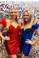 Misshow Sparkly Red Off the Shoulder Tight Short Homecoming Dress/Mini Dress with Feathers