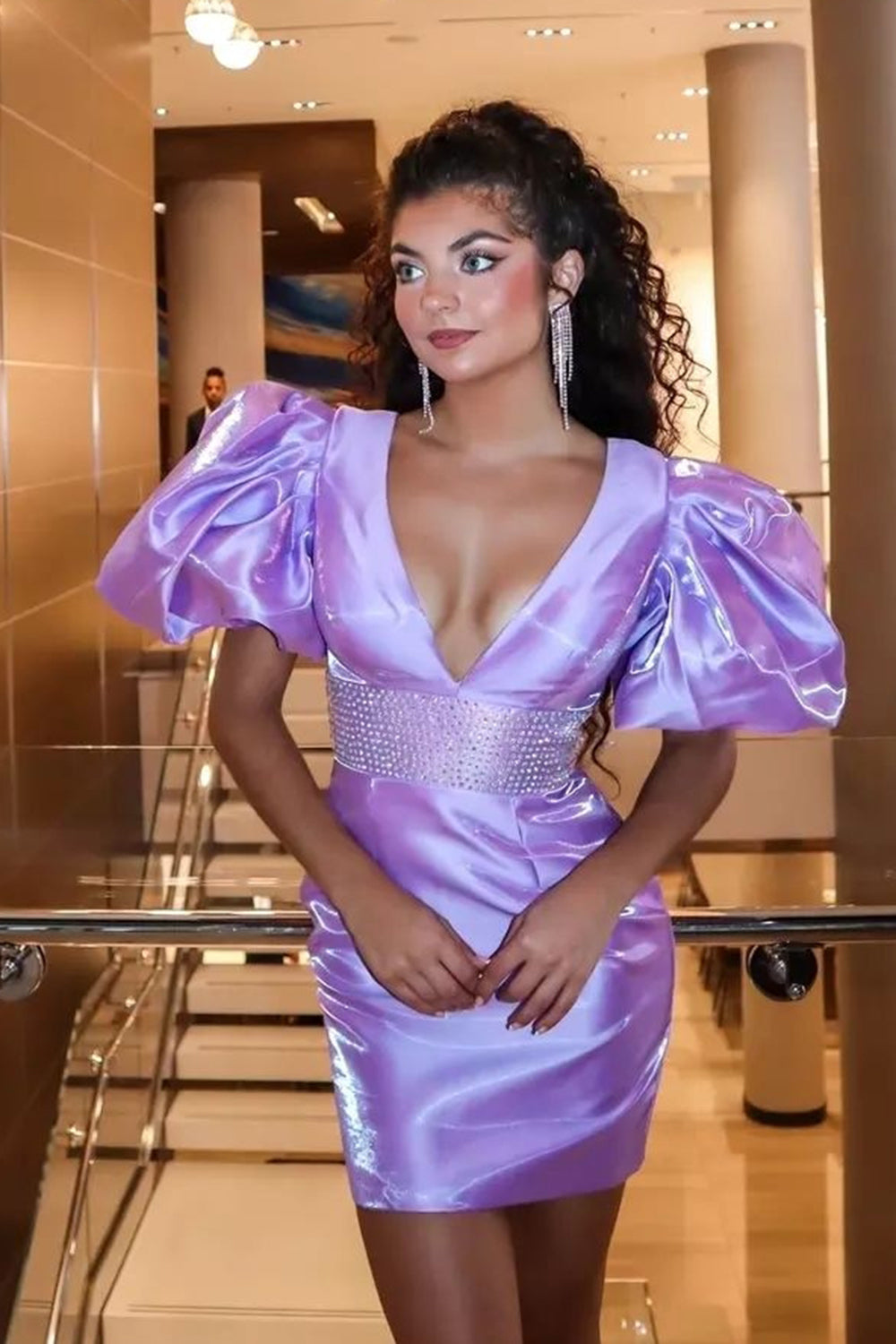 Misshow Sparkly Red Puff Sleeves Tight Short Homecoming Dress/Mini Dress with Beading