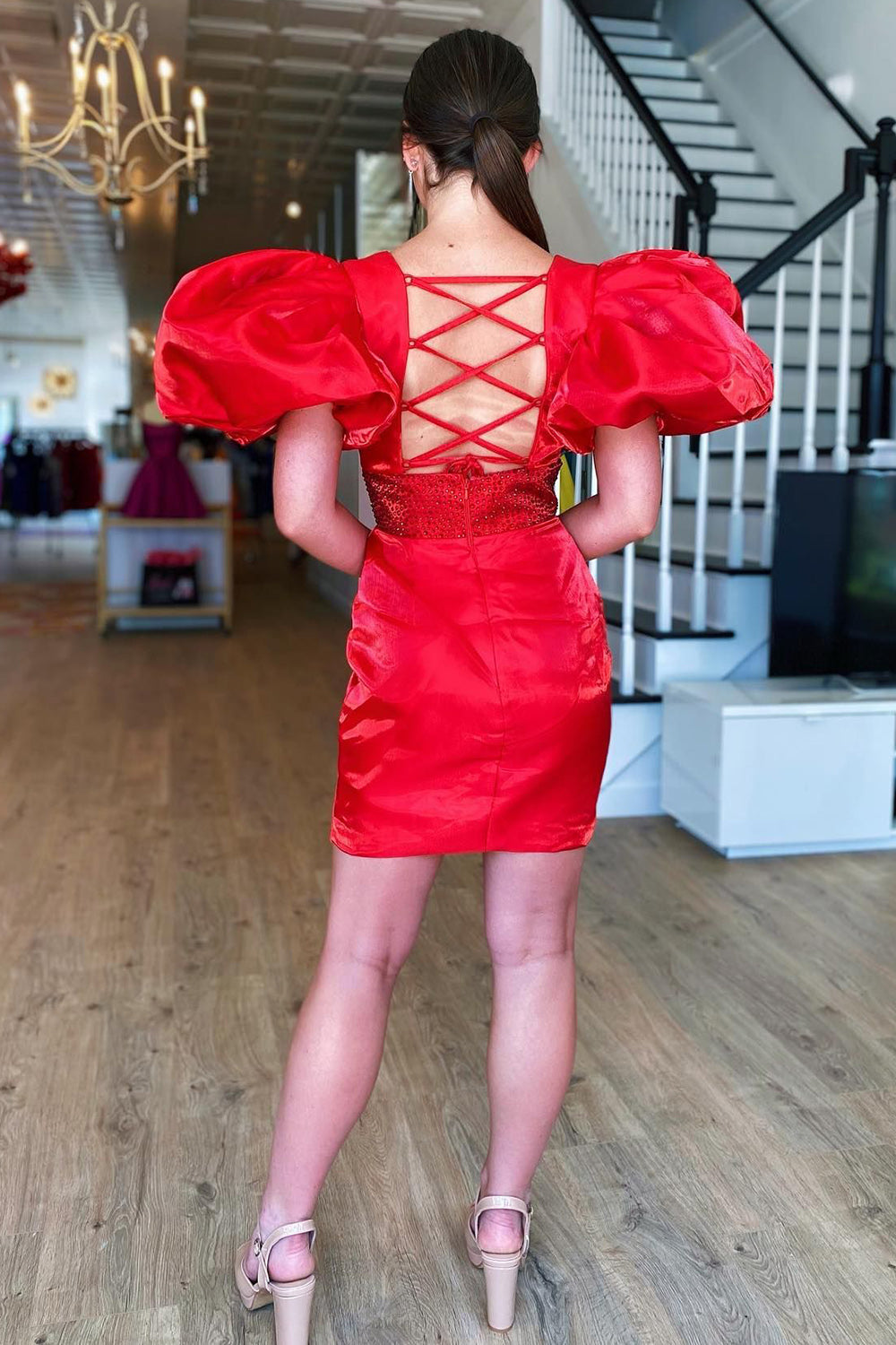 Misshow Sparkly Red Puff Sleeves Tight Short Homecoming Dress/Mini Dress with Beading