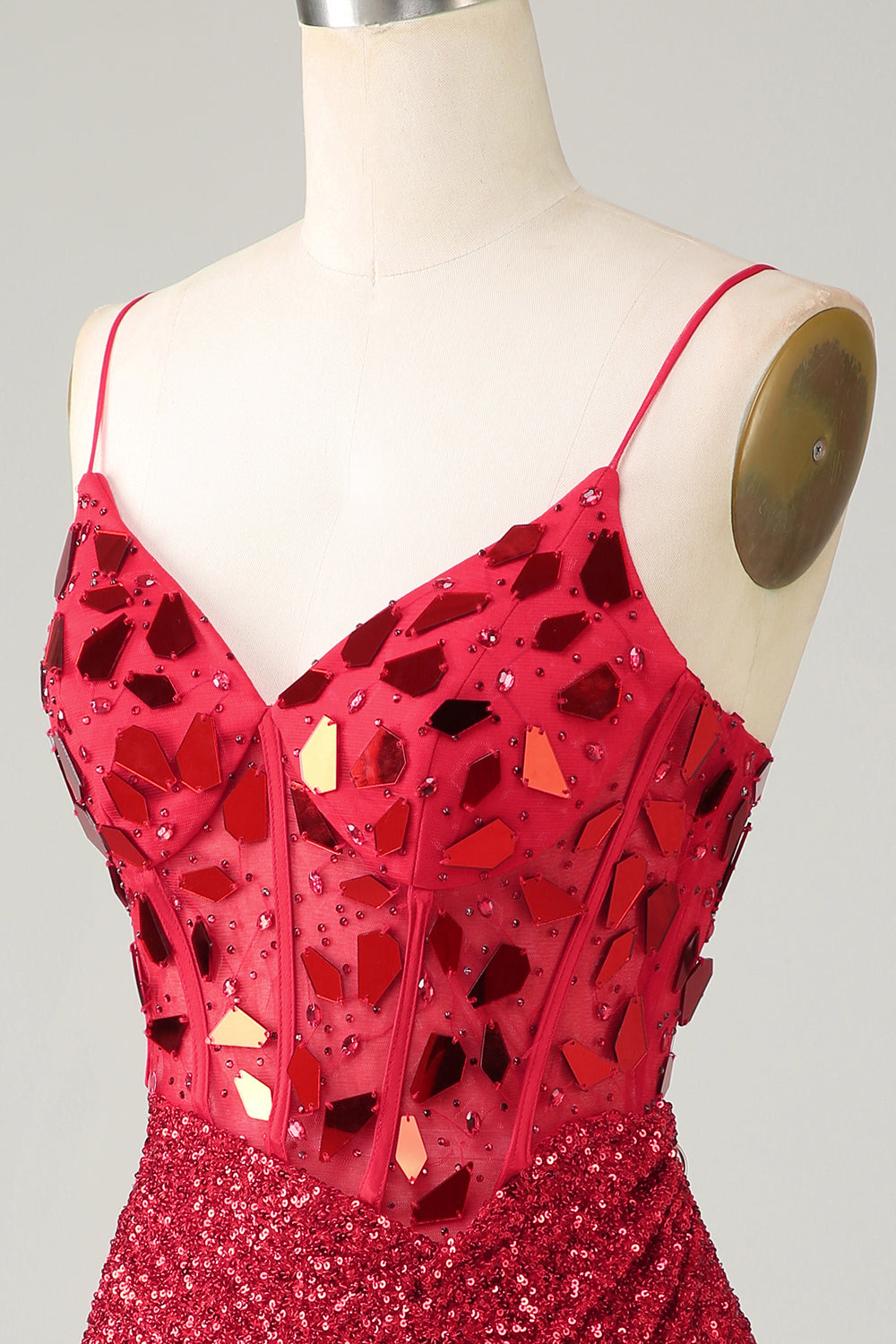 Misshow Sparkly Red Sequin Spaghetti Straps Mirror Tight Short Hoco Dress