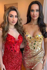 Misshow Sparkly Red Sequin Spaghetti Straps Mirror Tight Short Hoco Dress
