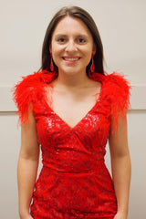Misshow Sparkly Red Sequined Backless Tight Short Homecoming Dress/Mini Dress with Feathers