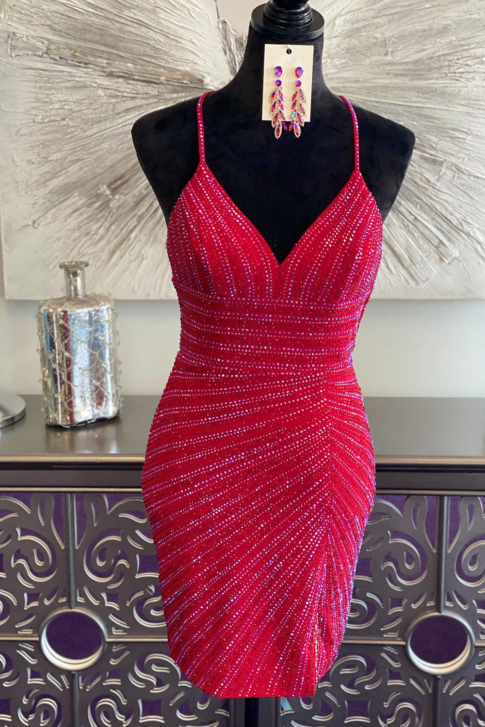 Misshow Sparkly Red Sequined Criss-Cross Back Tight Short Homecoming Dress/Mini Dress