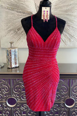 Misshow Sparkly Red Sequined Criss-Cross Back Tight Short Homecoming Dress/Mini Dress