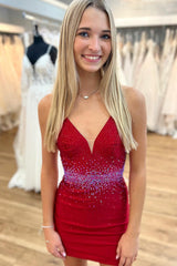 Misshow Sparkly Red Sequined Open Back Tight Short Homecoming Dress/Mini Dress