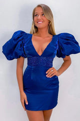 Misshow Sparkly Red Sequins Lace-Up Puff Sleeves Tight Short Homecoming Dress/Mini Dress