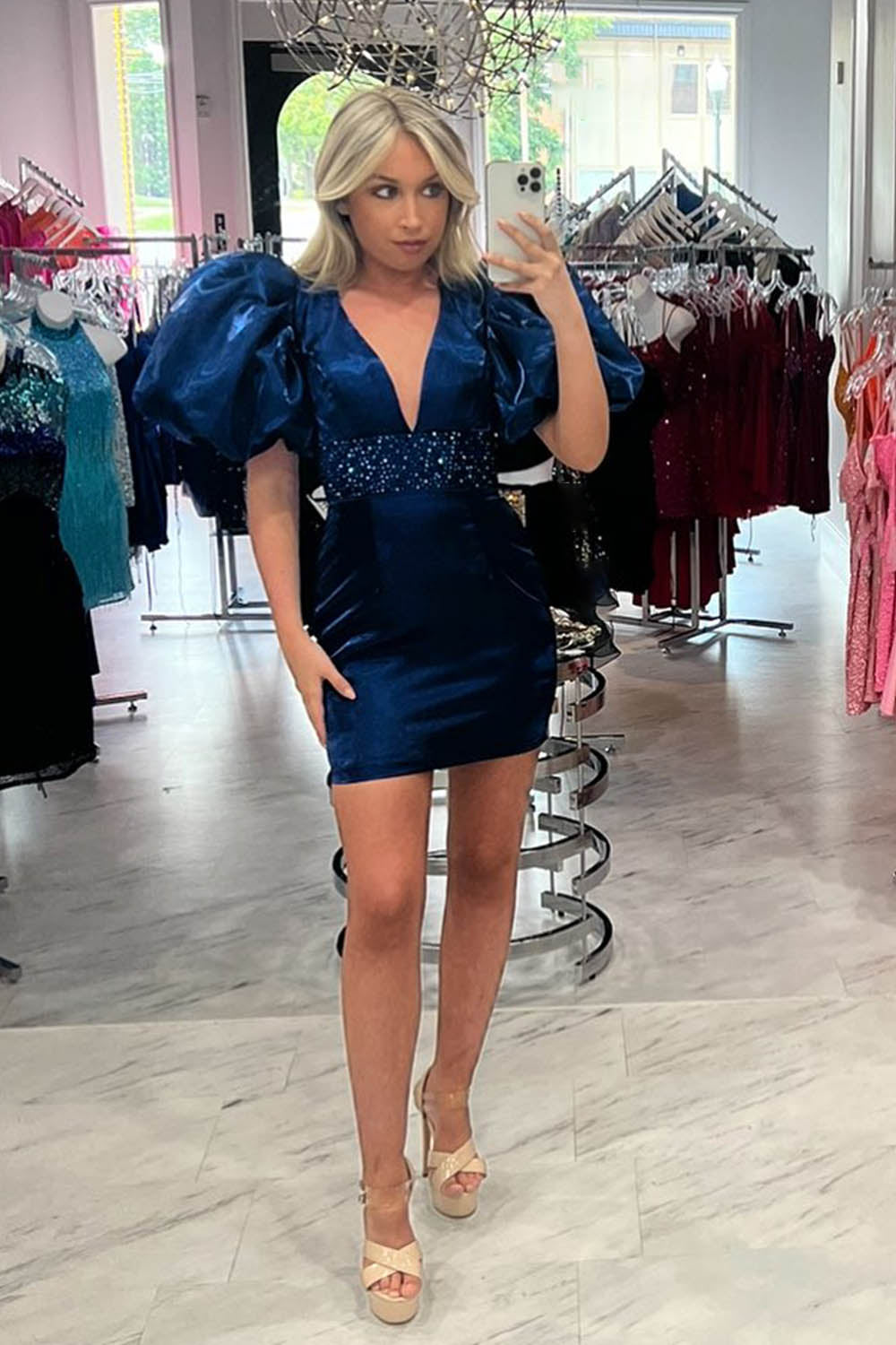 Misshow Sparkly Red Sequins Lace-Up Puff Sleeves Tight Short Homecoming Dress/Mini Dress