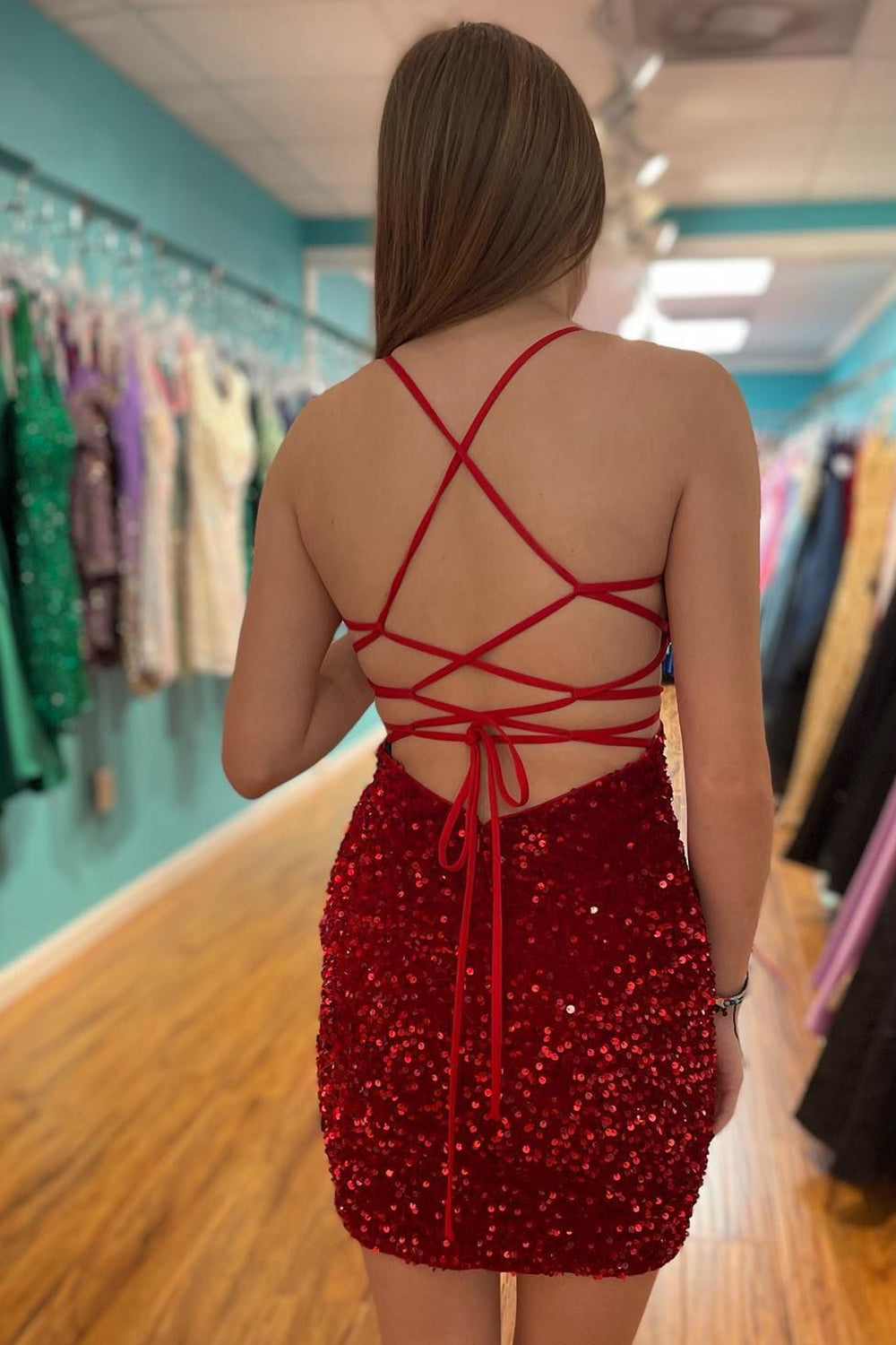 Misshow Sparkly Red Sequins Lace-Up Tight Short Homecoming Dress/Mini Dress