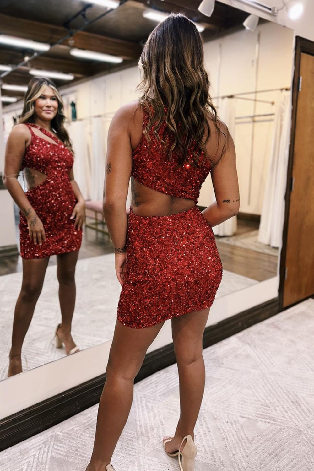 Misshow Sparkly Red Sequins One Shoulder Cut Out Tight Short Homecoming