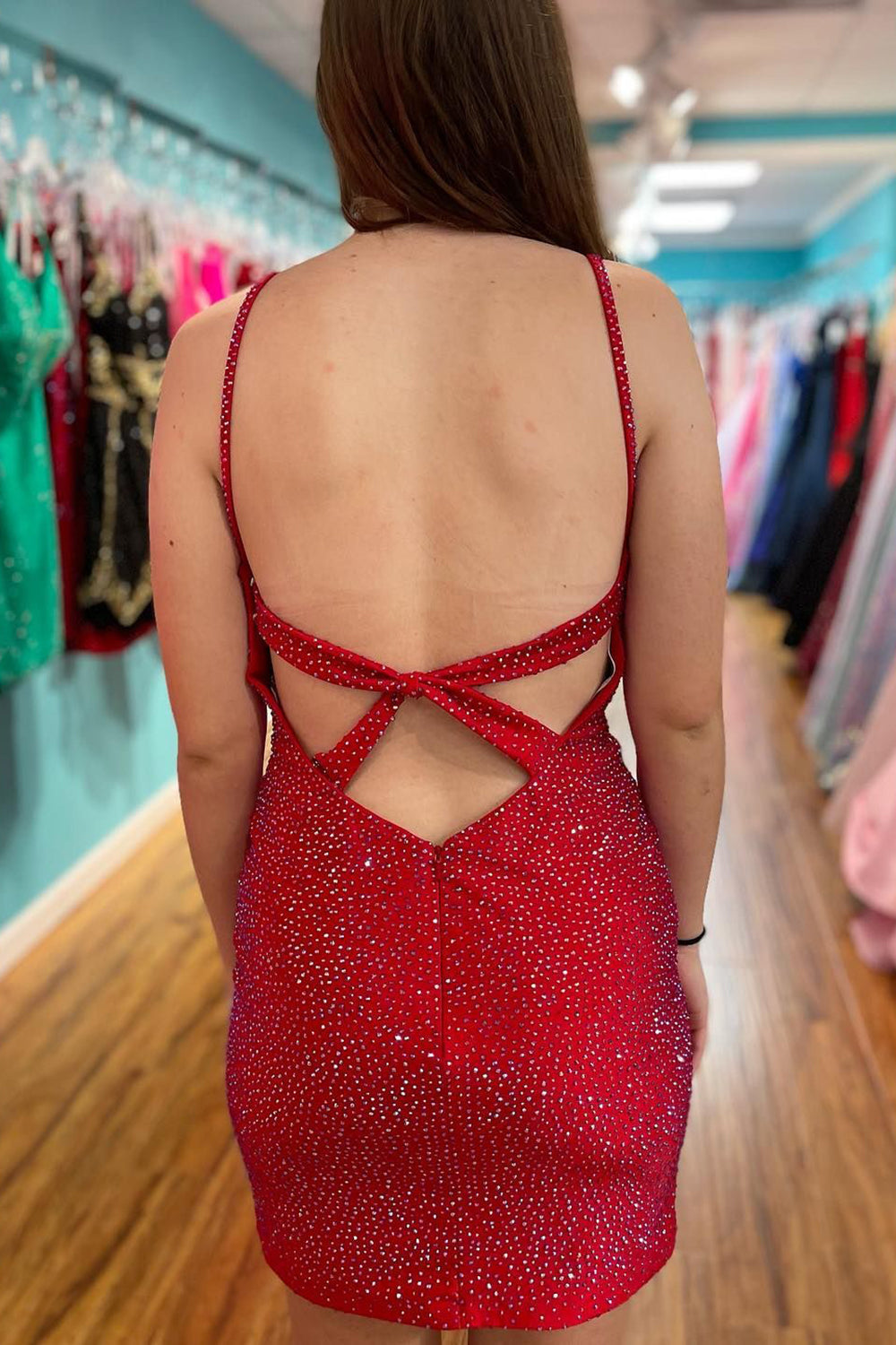 Misshow Sparkly Red Sequins Open Back Tight Short Hoco Dress