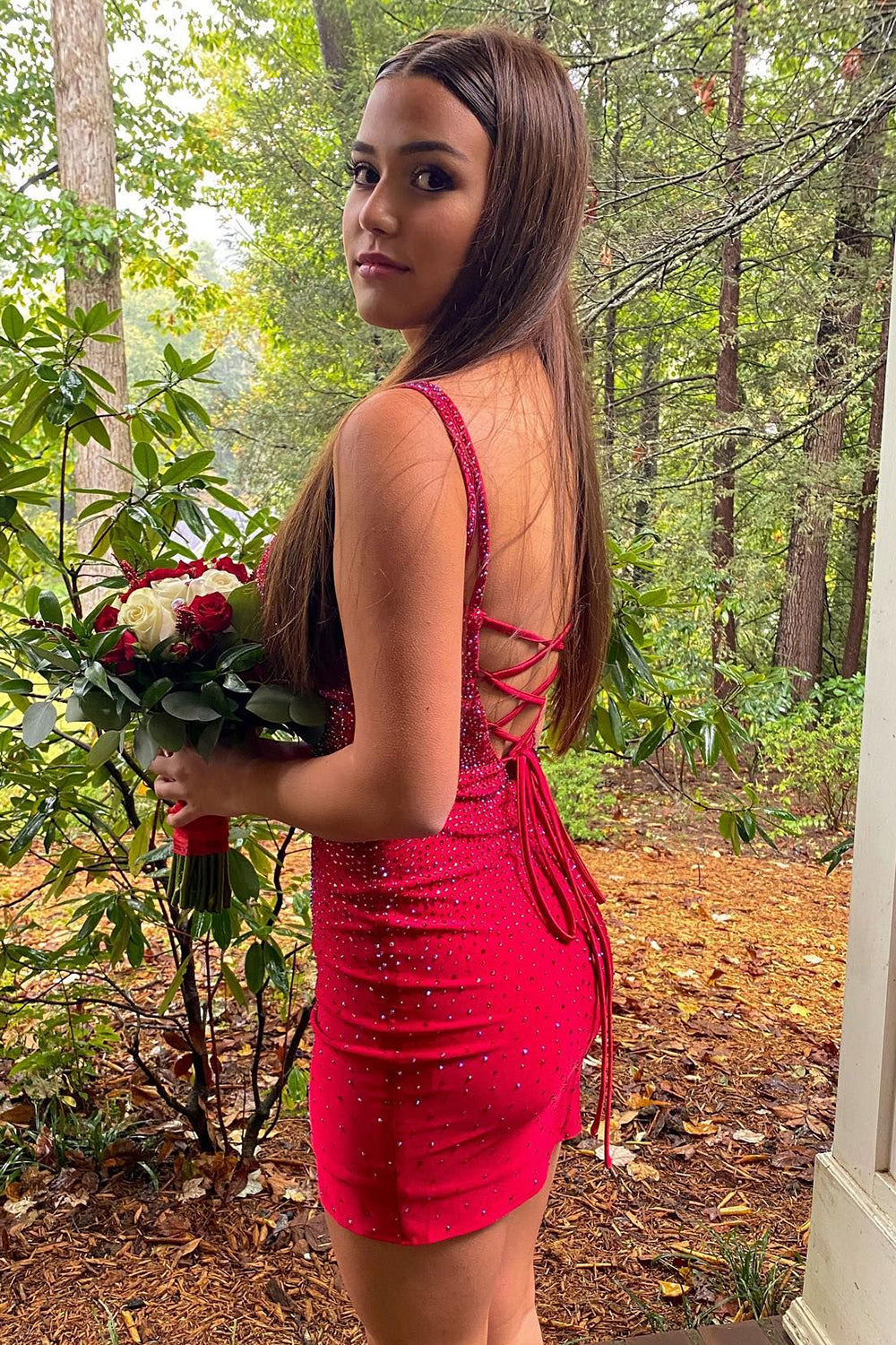 Misshow Sparkly Red Spaghetti Straps Beaded Tight Short Homecoming Dress/Mini Dress