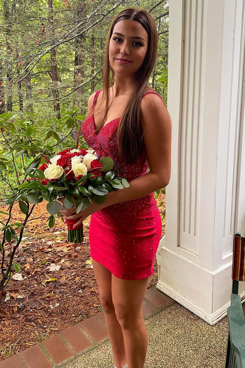 Misshow Sparkly Red Spaghetti Straps Beaded Tight Short Homecoming Dress/Mini Dress