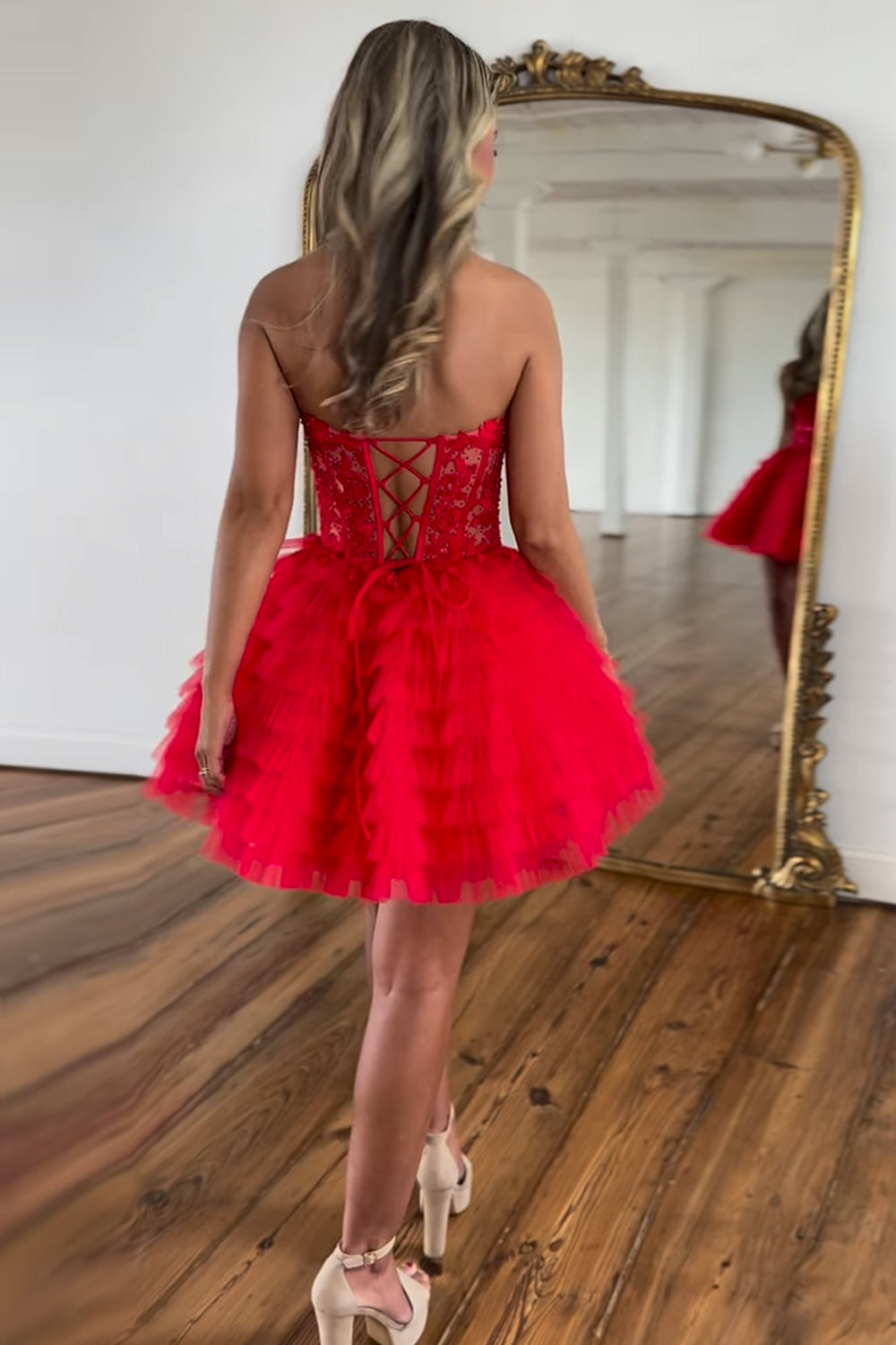 Misshow Sparkly Red Strapless Corset A Line Short Homecoming Dress/Mini Dress With Beadings