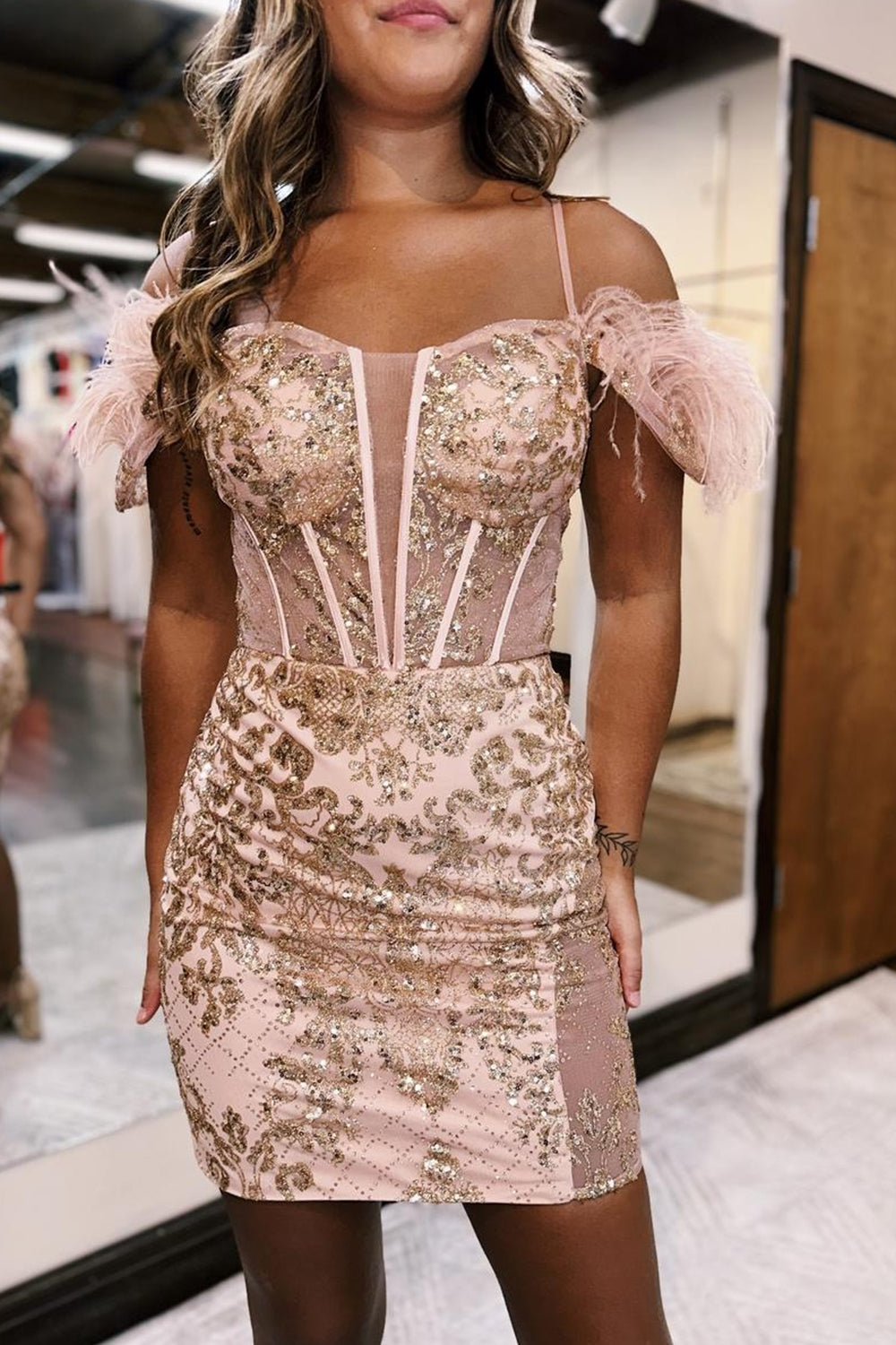 Misshow Sparkly Rose Gold Corset Sequins Tight Short Homecoming Dress/Mini Dress With Feather