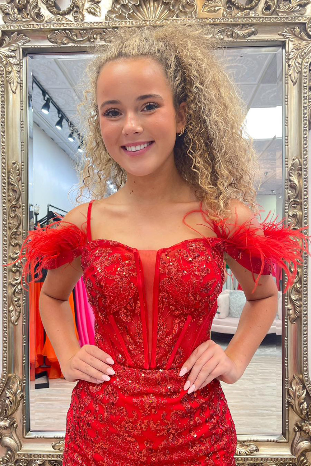 Misshow Sparkly Rose Gold Corset Sequins Tight Short Homecoming Dress/Mini Dress With Feather