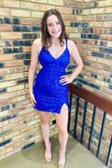 Misshow Sparkly Royal Blue Criss-Cross Straps Back Tight Short Sequins Homecoming Dress/Mini Dress