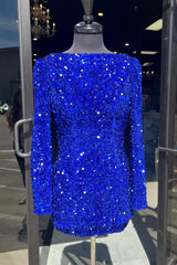 Misshow Sparkly Royal Blue Sequins Backless Short Homecoming Dress/Mini Dress With Long Sleeves