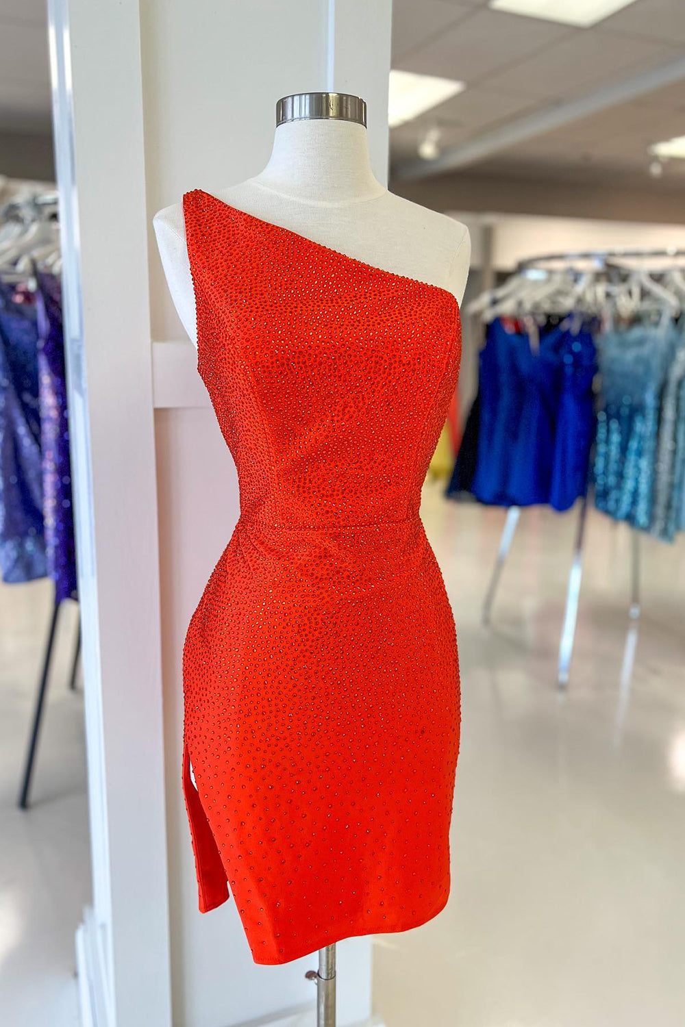 Misshow Sparkly Royal Blue Sequins One Shoulder Tight Homecoming Dress/Mini Dress with Slit