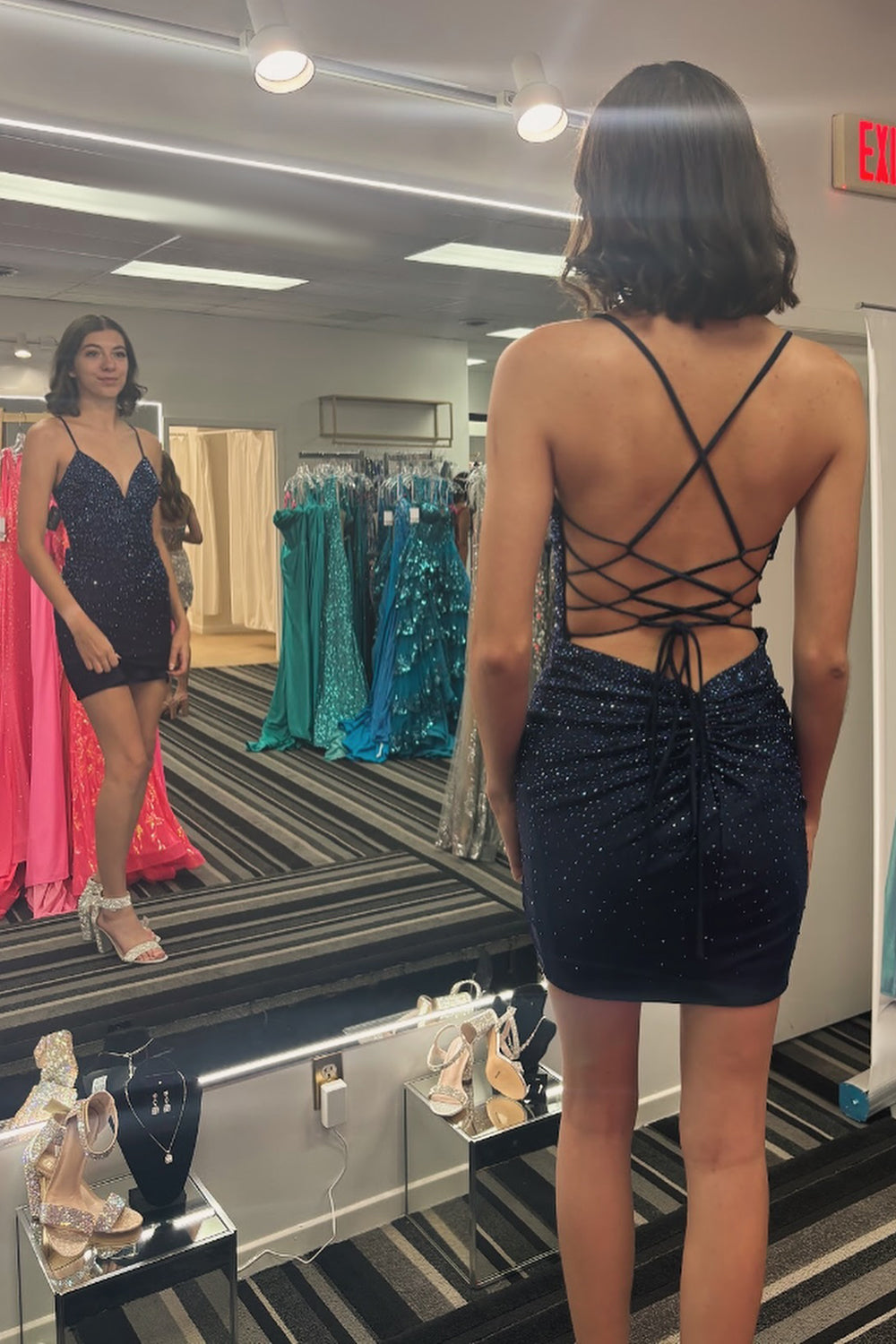 Misshow Sparkly Royal Blue Spaghetti Straps Beaded Backless Tight Homecoming Dress/Mini Dress