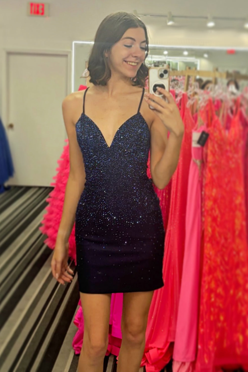 Misshow Sparkly Royal Blue Spaghetti Straps Beaded Backless Tight Homecoming Dress/Mini Dress