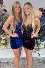 Misshow Sparkly Royal Blue Spaghetti Straps Velvet Tight Short Homecoming Dress/Mini Dress