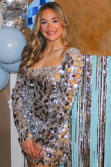 Misshow Sparkly Silver Long Sleeves Short Homecoming Dress/Mini Dress