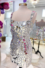 Misshow Sparkly Silver Scoop Neck Mirror Tight Short Homecoming Dress/Mini Dress