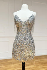 Misshow Sparkly Silver Sequin Fringed Tight Short Homecoming Dress/Mini Dress