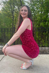 Misshow Sparkly Tight Fuchsia Sequins One Shoulder Homecoming Dress/Mini Dress