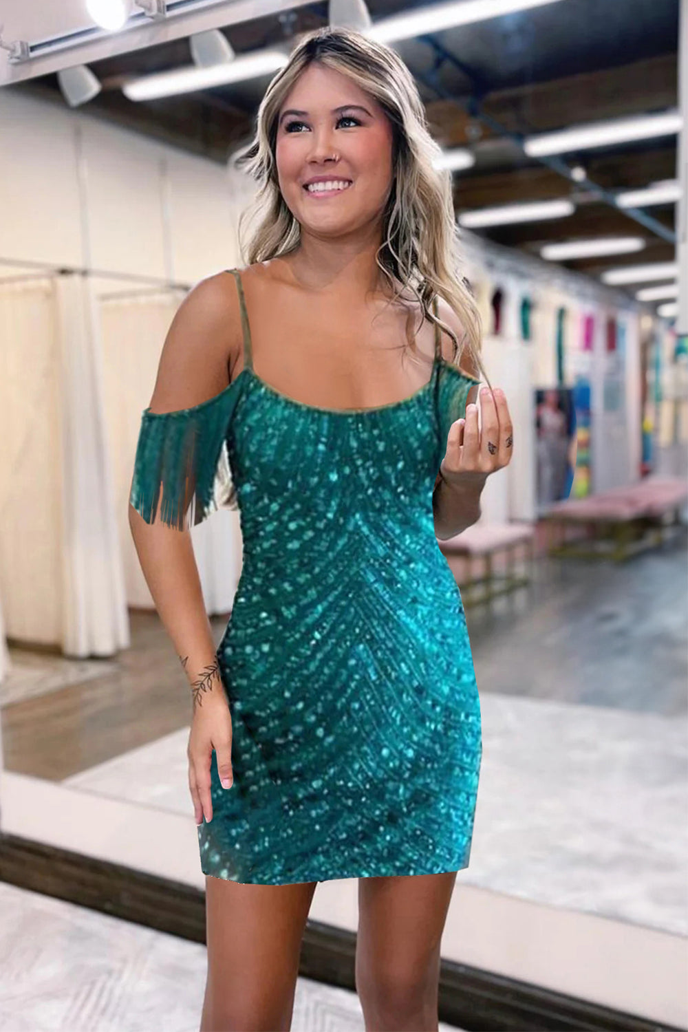 Misshow Sparkly Turquoise Tight Sequins Short Homecoming Dress/Mini Dress with Fringes